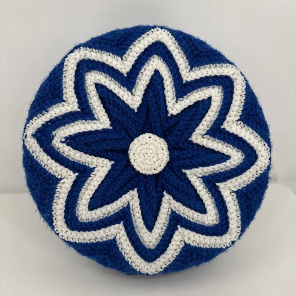 Vintage Crochet Round Granny Throw Pillow Blue White‎ Yarn Ruffled 3D Handmade